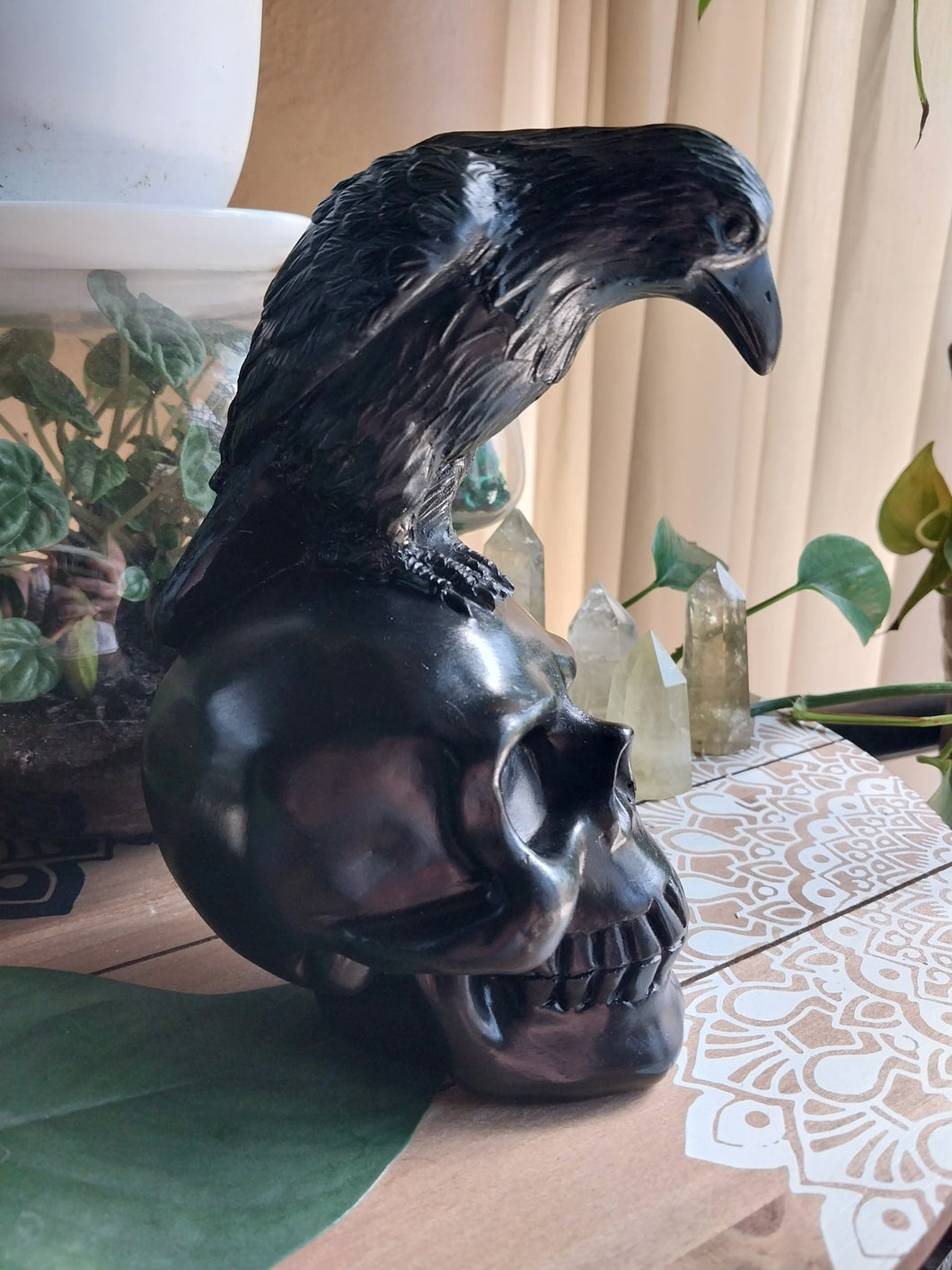 Raven on Skull Resin Statue
