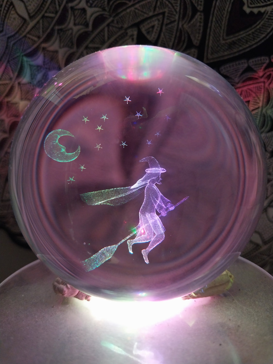 Flying Witch on Broomstick Glass Crystal Ball with stand
