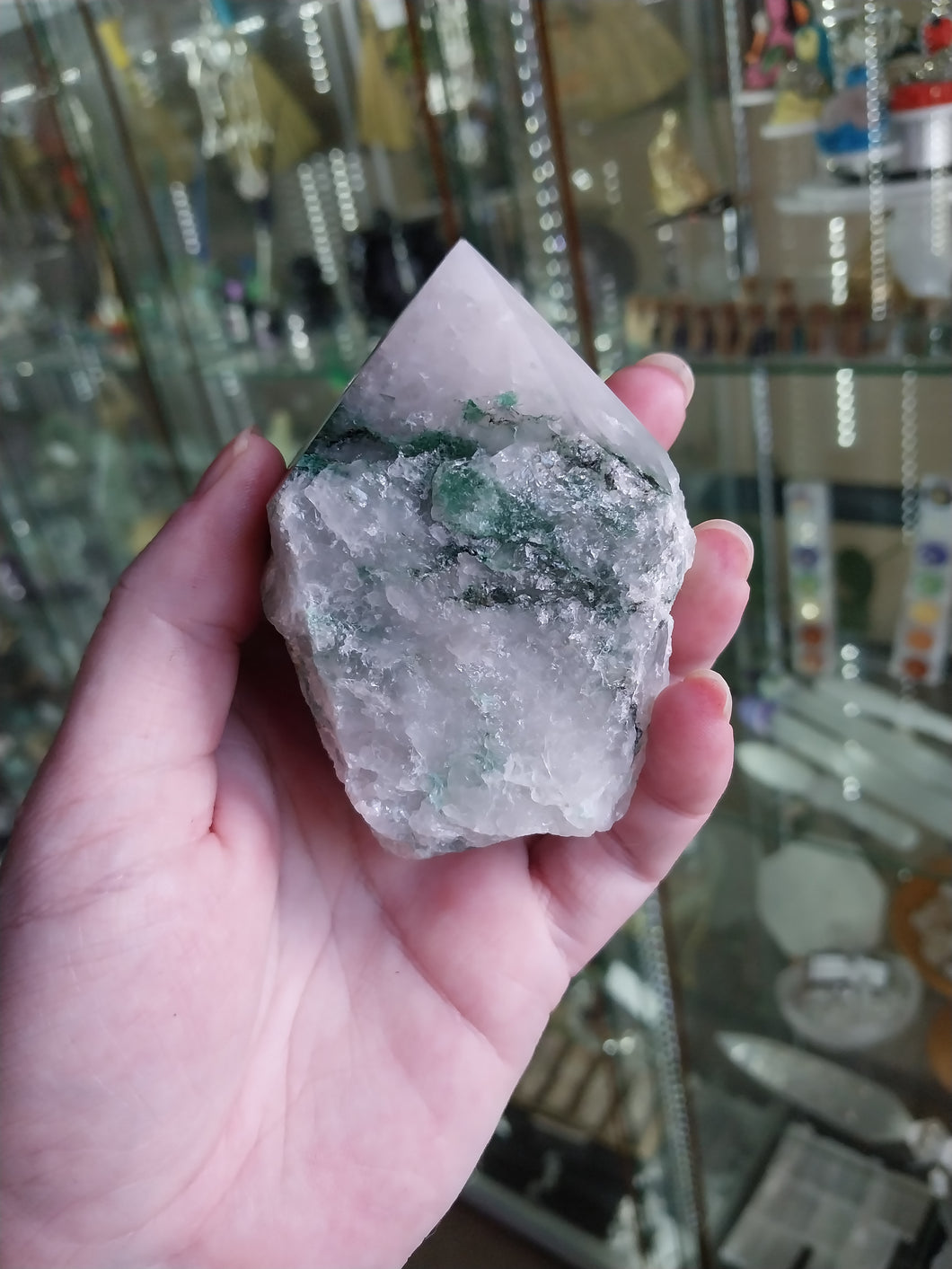 Green and White Quartz Point on Stand