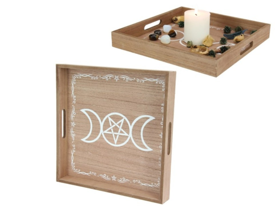 Triple Moon Pentagram Wooden Serving Tray